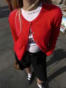 FOR BEAUTY 女士圆领扭结纽扣长袖针织开衫，女士休闲舒适纯色毛衣外套，春季上衣 - 紅色 - 查看 5