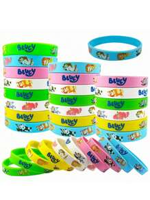 Bluey 10 قطع أو 12 قطعة من أساور سيليكون بأشكال كرتونية ملونة عشوائية لعائلة بلوي وأصدقائهم، أساور مطاطية ناعمة بنمط مرسوم لشخصيات الكلب بينجو وباندت وكريستين هيلر، هدايا وإكسسوارات لحفلات الأطفال والأعياد