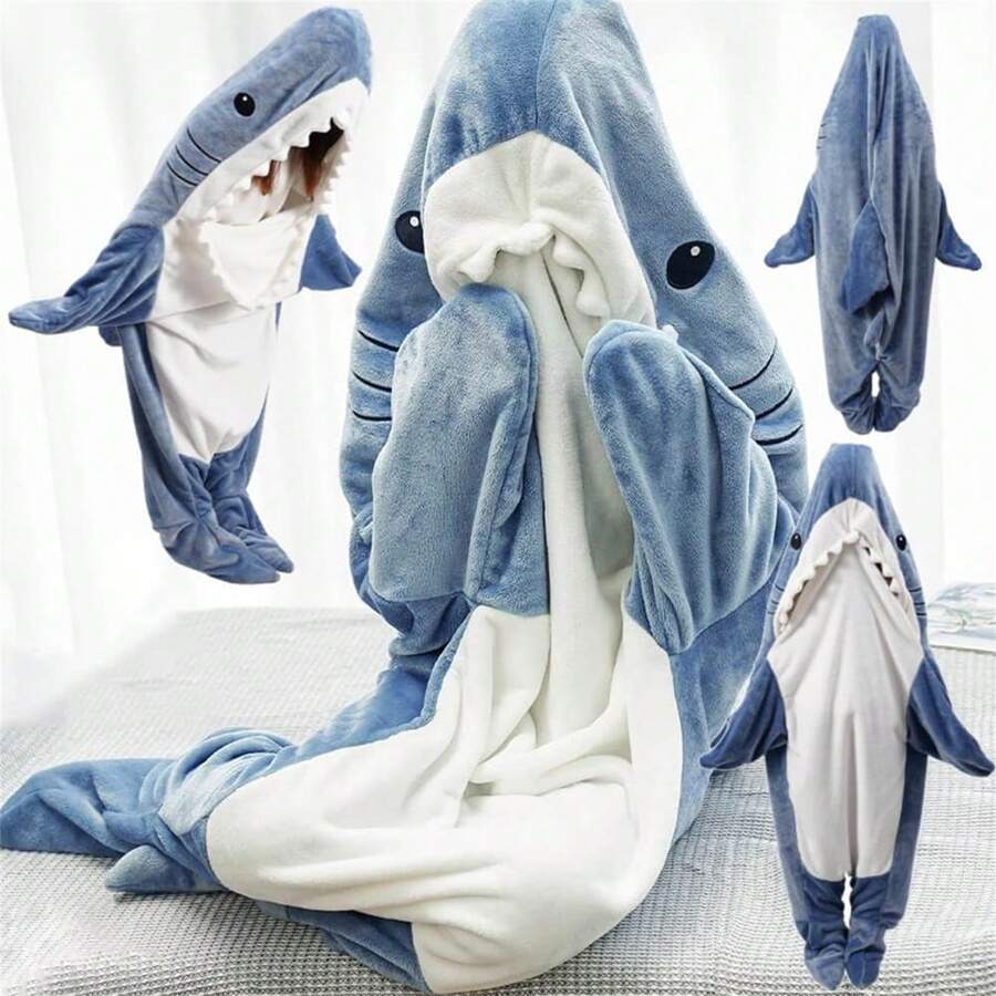 Shark Blanket Hoodie , Soft Cozy Shark Wearable Blanket For Adults & Youngsters - Wearable Shark Blanket, Plush Flannel Shark Sleeping Bag With Ruffled Collar, Machine Washable, Nautical Theme, Nautical Theme Sleepwear|Playful Shark Design|Plush Polyester - Multicolor - View 1