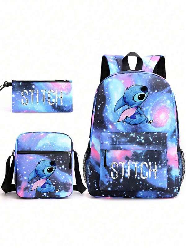 Disney 3D Printing Stitch Starry Sky Animation Peripheral Children's Pencil Bag Backpack Shoulder Bag Three Pieces Set For The Beginning Of School Season Large Capacity Makeup Organizer Makeup Case, For Lipstick, Brush, Skincare, Mobile Phone, Coin, Small Items, For Home,Gift,Vacation And Festival Halloween Christmas Multifunctional Use