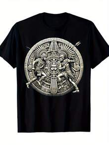 Warrior T-Shirt, Mayan And Mexican Indigenous Design With Jaguar, Round Neck, Comfortable, Casual, Printed, Fashion, Size G, 100% Cotton - 黑色 - 查看 1