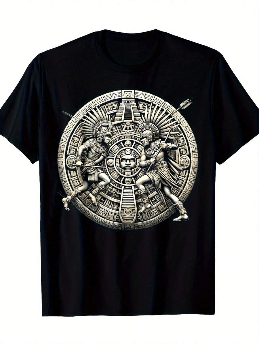 Warrior T-Shirt, Mayan And Mexican Indigenous Design With Jaguar, Round Neck, Comfortable, Casual, Printed, Fashion, Size G, 100% Cotton - 黑色 - 查看 1