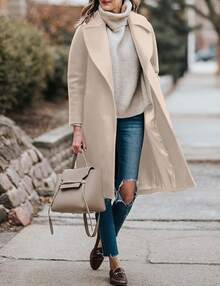 BZB Women's Trench Coat Long Wool Blend Pea Coat Winter Casual Overcoat Notched Lapel Collar Belted Long Jacket Outerwear - Màu be - Xem 2