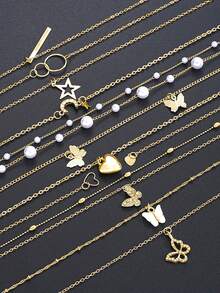 12 件/套心形、蝴蝶、水晶、闪亮星星、月亮、泪珠、蛇形仿珍珠吊坠多层项链套装，时尚、简约、优雅、复古设计，适合节日、派对、日常佩戴、礼物 - 銀色 - 查看 8