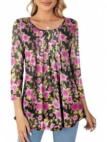 Womens 3/4 Sleeve Pleated Round Neck Blouses Dressy Casual Fall Mesh Tops Women 2025