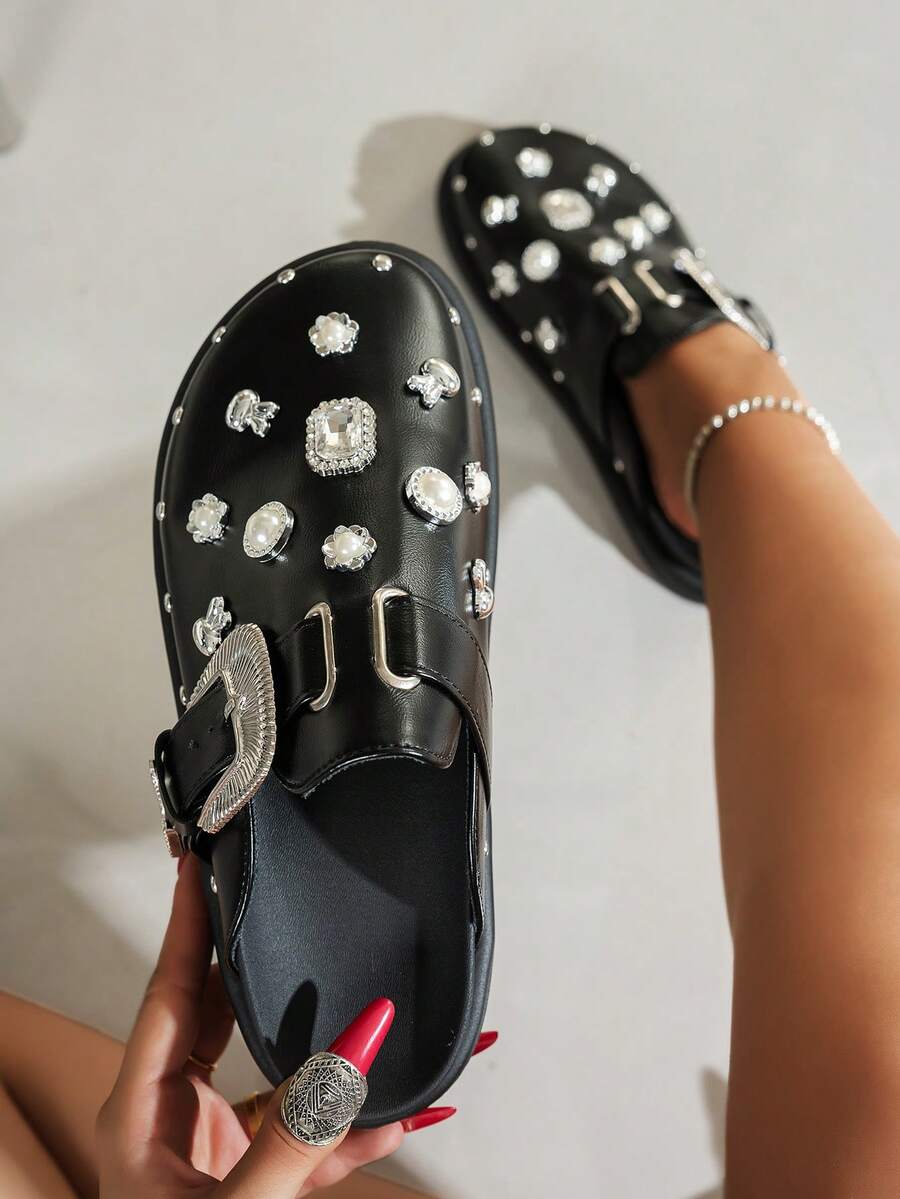 Women's Fashion Riveted Personalized Black Wedge & Platform Loafers(Suggested To Take A Larger Size),Mule Shoes
