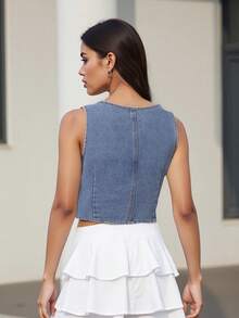 Women's Summer Jean Vest Waistcoat Sleeveless Zip Up Denim Vest Tank Tops Jean Jacket - Azul - Ver 5