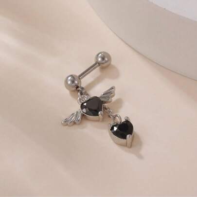 قطعة واحدة من أقراط الأذن بتصميم بسيط من النحاس والزركونيا بشكل قلب وأجنحة ملاك مع شرابة، أقراط مسامير للاستخدام اليومي للسيدات