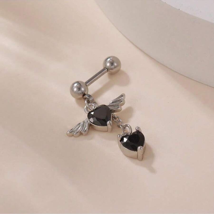 1 件简约黄铜方晶锆石心形天使翅膀流苏吊坠女士耳环耳骨耳钉日常佩戴 - 彩色 - 查看 1