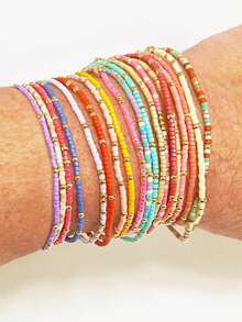 19件彩色玻璃珠弹力手链，手工串珠手链，波西米亚风格（CCB米珠，颜色随机） - 金色 - 查看 1