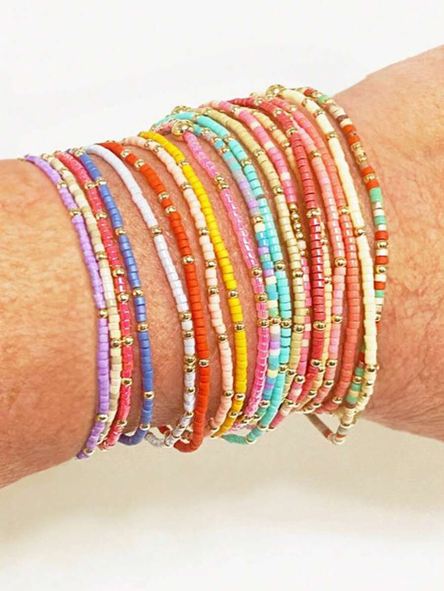 19件彩色玻璃珠弹力手链，手工串珠手链，波西米亚风格（CCB米珠，颜色随机） - 金色 - 查看 1