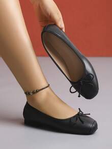 European & American Style Solid Color Bowknot Flat Shoes, Women's Casual Flats For Spring & Autumn