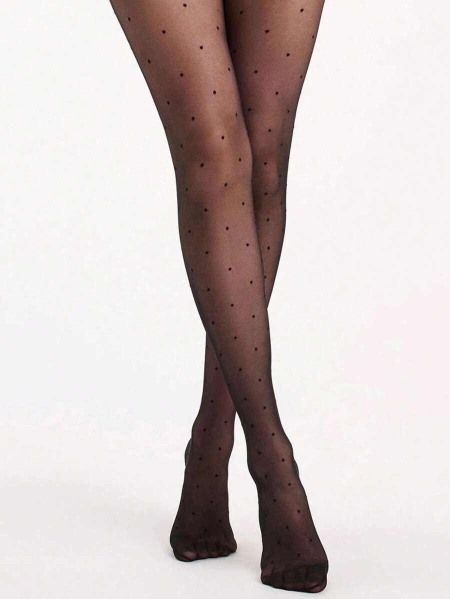 1 Pair Black Polka Dot Sheer Sexy Scratch-Resistant Pantyhose, Tights Suitable For Spring/Summer, Cozy