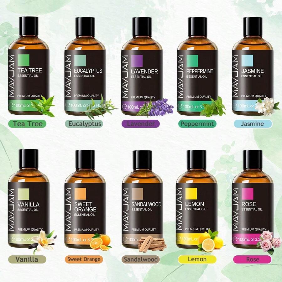 100毫升/3.38液盎司优质精油，MAYJAM高品质精油，适用于护肤、香薰机、加湿器、按摩、DIY蜡烛、香薰按摩浴。成分包括：薰衣草、香草、茉莉、尤加利、薄荷、肉桂、松树、檀香、乳香、甜橙、依兰、柠檬、玫瑰、佛手柑、茶树、柠檬草、岩兰草、迷迭香、柠檬草、洋甘菊、没药、玫瑰草、绿薄荷、丁香花蕾。