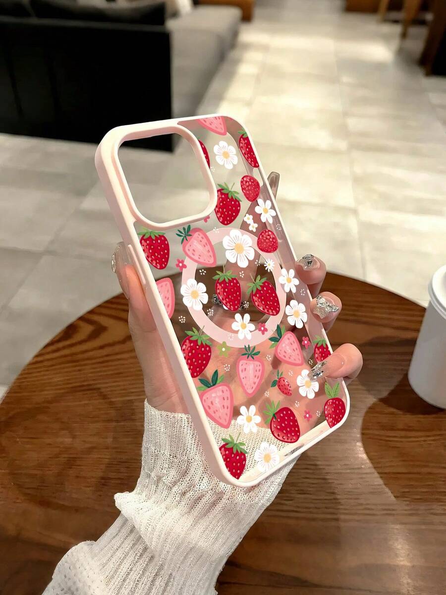 Pink Strawberry Flowers Pattern Magnetic Clear Phone Case For IPhone 17/16/15/14/13/12/11/Air/ProMax/Pro/Plus For Samsung Galaxy S25-S22/FE/Ultra, Compatible, Acrylic+TPU Cover, Creative Y2K Style, Fundas Para Cover De Matching Shockproof Forroid Cases - Hồng - Xem 1