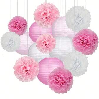 15pcs Party Pack Paper Lanterns And Pom Pom Hanging Decorations, Wedding/Birthday Party Decoration, Pink/White,Christmas
