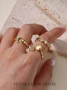 Two Heart Stainless Steel Rings With Cubic Zirconia 18K Gold-Plated Adjustable Open Ring For Women Romantic Golden Wedding Memorial Jewelry Holiday Accessories Mother's Day, Valentine's Day Gifts