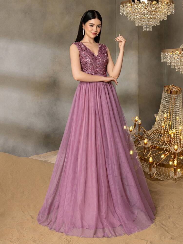 Vestido de graduación con escote en V brillante y falda de tul para adolescentes de Alisa&Leo - Vestido formal para bailes de graduación, eventos escolares y galas para adolescentes - Púrpura malva - Añade 7