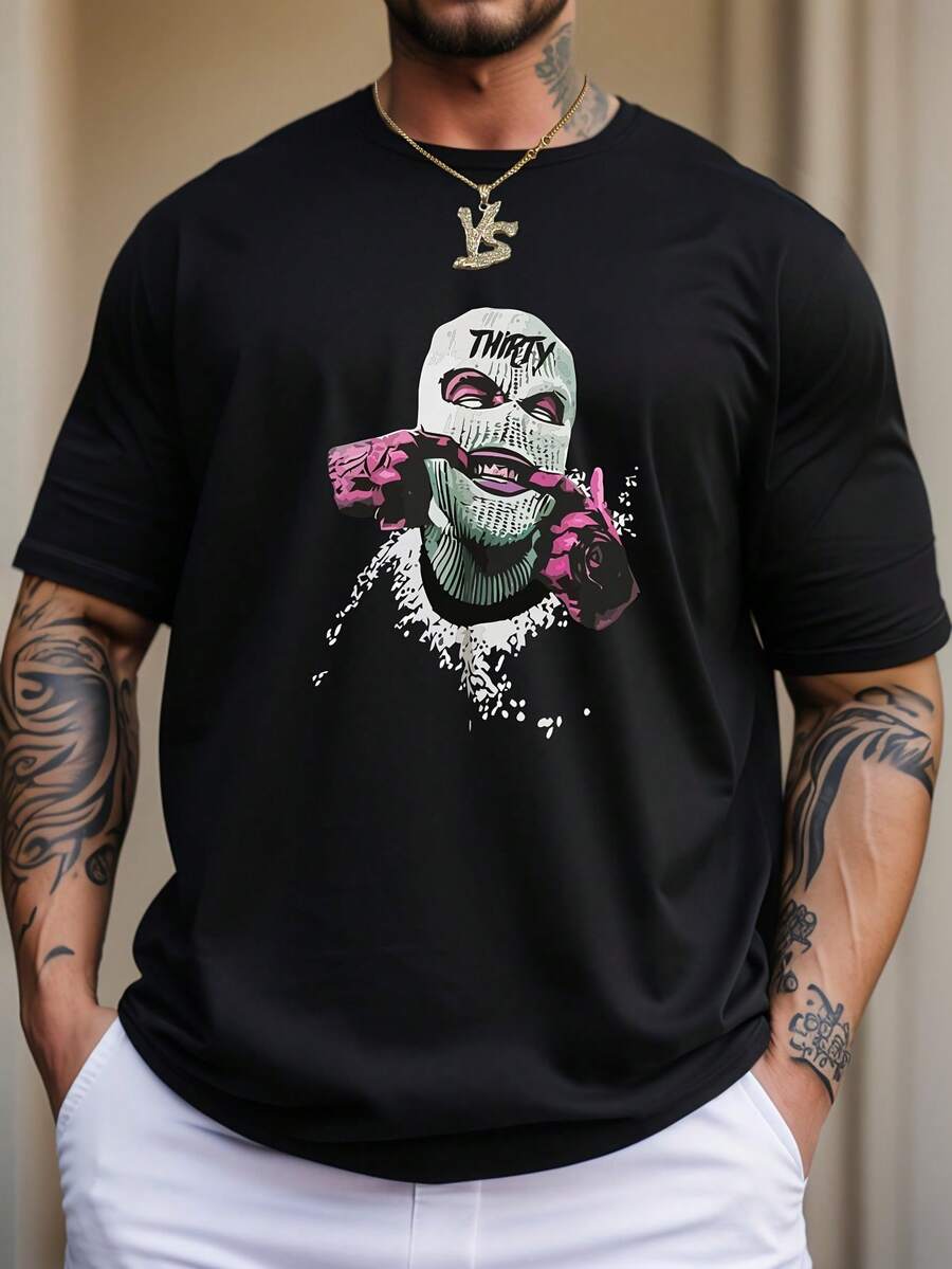 Camiseta unisex.Para hombres.Manga corta.Camisa T de manga corta.Ropa de primavera.Ropa de verano.Prenda de vestir.Prenda superior.Ancho.Silueta grande.Diseño con estampado.Regalo.Regalo.Estilo street.Primavera.Verano.Otoño.Invierno.Para hombres. - Negro - Ver 1