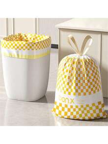 1 Roll Of 15pcs Yellow Plaid Trash Bags, Thick Leak-Proof Large Size Garbage Bags For Kitchen, Bathroom, Living Room, Portable With Drawstring