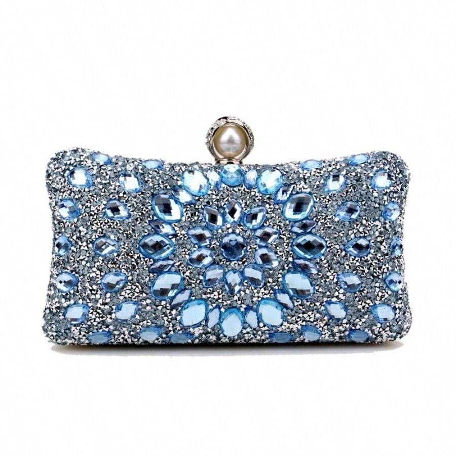 Glamorous Pearl & Rhinestone Clutch Bag – Women's Elegant Wedding Evening Handbag - 淺藍色 - 查看 1