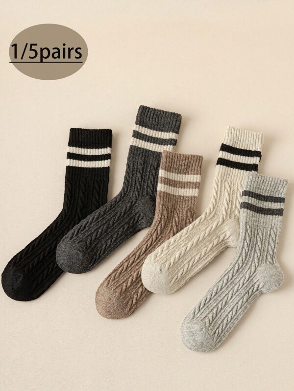 1/5 Pairs Women's Thick Striped & Floral Pattern Mid-Calf Socks, Fashionable & Warm For Autumn/Winter