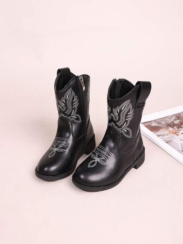 1 Paar neue Herbst/Winter Kinderstiefel, Mädchen Schuhe Mode Muster Hohe Stiefel Wadenhoch Stiefel Hoher Absatz Cowboystiefel Farbige Patchwork Runde Zehenform Seitlicher Reißverschluss