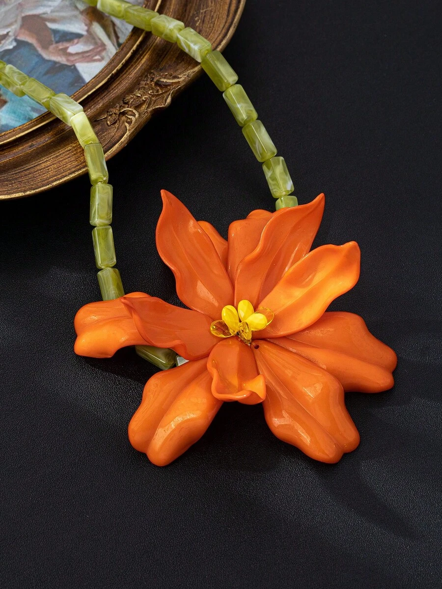 1件夸张橙黑扎染花卉手工串珠吊坠项链，3D立体花卉项链，适合派对、休闲、优雅场合佩戴，四季皆宜（黑色扎染颜色会因光线和角度不同而有所差异，产品与图片可能存在轻微色差） - 橘色 - 查看 1