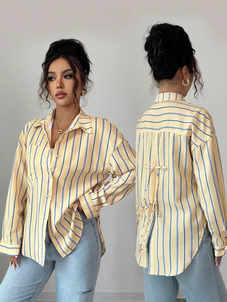 条纹纽扣女士休闲宽松长袖衬衫，款式优雅，适合节日、日常穿着和早午餐 - 黃色 - 查看 1