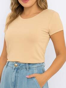 Women's Basic Viscolycra Blouse Round Neck Baby Look Short Sleeve - 米色 - 查看 2