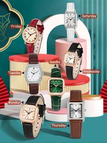 LUCKYFOX 7 件套女士手表礼品套装，全新“周度腕表 2”主题，商务休闲复古锌合金石英皮表带手表，适合日常生活、返校、万圣节