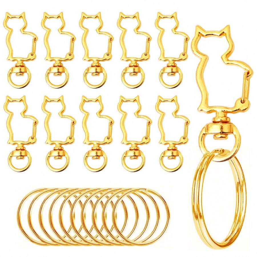 10/20 Peças Chaveiro em Formato de Gato de Liga Metálica com Argola - Acessório de Joia DIY, Chaveiro Giratório, Chaveiro com Mola