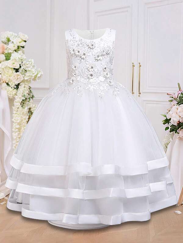 Vestido de princesa de tul blanco para niñas, vestido formal de dama de honor para boda, recital de piano, actuación en el escenario, fiesta de cumpleaños