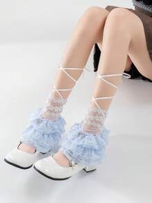 1 par de calentadores de piernas con lazo de encaje para mujeres, diseño de lazo de cinta de unicolor, versátil, para primavera/verano Y2K - Unitalla - Ver 15