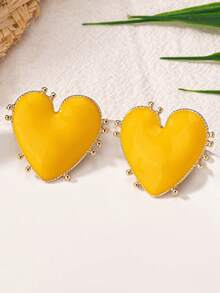 1 Pair Enamel Glazed Heart Shaped Metal Framed Earrings, Fashionable & Elegant, Suitable For Parties, Banquets And Daily Wear - Heart - View 11