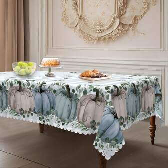 Mantel de Acción de Gracias y otoño, diseño a cuadros con calabaza azul - Poliéster duradero, fácil de limpiar - Ideal para reuniones familiares y decoración de otoño, mantel redondo para cocina y comedor, mantel de otoño | Patrón a cuadros | Mantel duradero