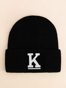 1pc Kids Black Uppercase Letter Embroidered Beanie, Minimalist Solid Color Soft Warm Fashion Accessory Knit Hat, Suitable For Boys & Girls In Autumn & Winter