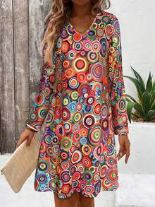 Women's Long Sleeve Graphic Print Dress For Spring,Women's V-Neck Long Sleeve Circle Dress - Elegant Midi Dress With Flowy Skirt, Casual Office & Party Dress, Classic A-Line Spring Dress,Fashion Orange Dresses,Casual Fall Women Clothes,Fall Dresses For Women - Orange - View 5