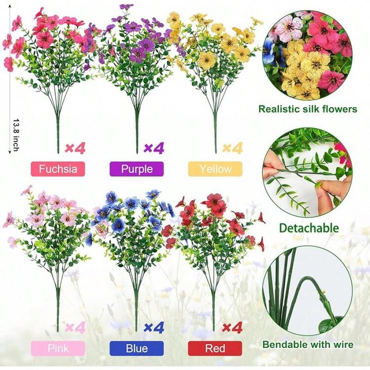 24 paquetes de flores artificiales para exteriores, flores de seda falsas, plantas de plástico de imitación resistentes a rayos para primavera, verano, jardín, porche, ventana, caja, jarrón para casa, decoración interior al aire libre, mezclada - Multicolor - Añade 3