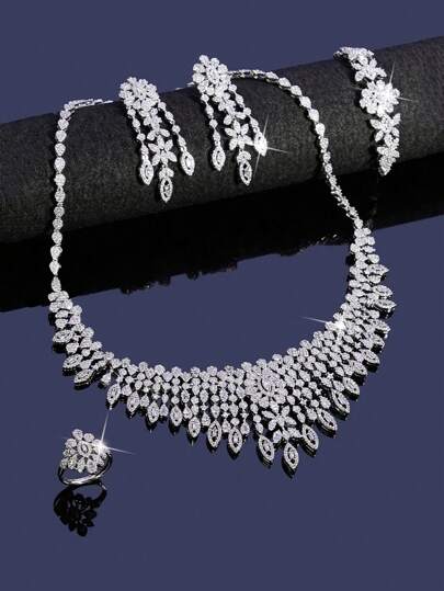 4pcs/Set Exaggerated & Spectacular Water Drop Tassel Jewelry Set - Necklace, Earrings, Ring, Bracelet, Copper Plated Rhodium With Zirconia Stones, Suitable For Women's Wedding, Formal Events
