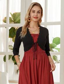Women's 3/4 Sleeve Bolero Shrug Lightweight Open Front Cropped Cardigan Knit Shrugs For Dresses - màu đen - Xem 5