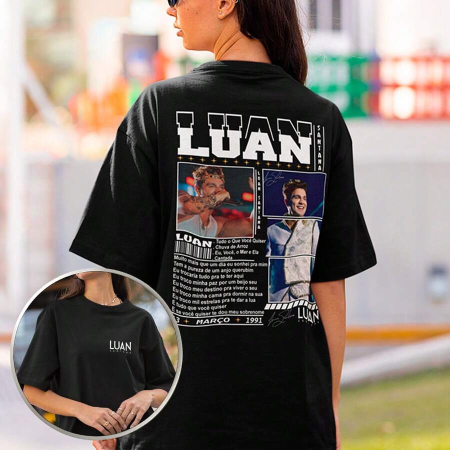Luan Santana Biography Music T-Shirt Unisex Basic Shirt Country Singer Exclusive Cotton 30.1 Premium Quality - 黑色 - 查看 1