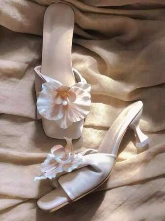 2025 Summer New Butterfly Orchid Square Toe High Heel Sandals, Floral Slip-On Kitten Heel Mules Slippers For Women, Sweet Floral Elegant Dress Sandals