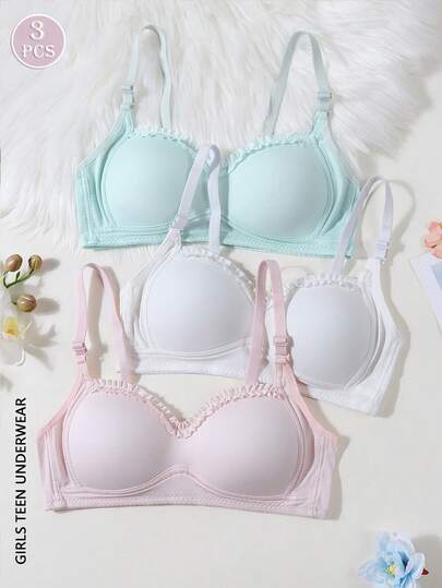 Sutiã rendado para meninas adolescentes 3 peças, roupa íntima confortável e respirável para adolescentes, adequado para 13 a 15 anos