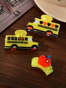 3 bucăți la modă creative amuzante cu desene animate cu mașină, Apple, riglă, agrafe de păr pentru autobuz școlar, potrivite pentru ținute școlare, accesorii de păr pentru petrecere, lucruri școlare, facultate