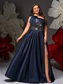 VIPGIRL New Elegant Navy Blue Asymmetrical Shoulder Bowknot Sequin Patchwork Plus Size Women Formal Luxury Evening Gown - Navy Blue - View 6
