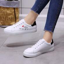 1 Pair Women's Fashion Casual Canvas Sneakers, Comfortable Student Flat Lace-Up Low-Top White Shoes - Black - View 7