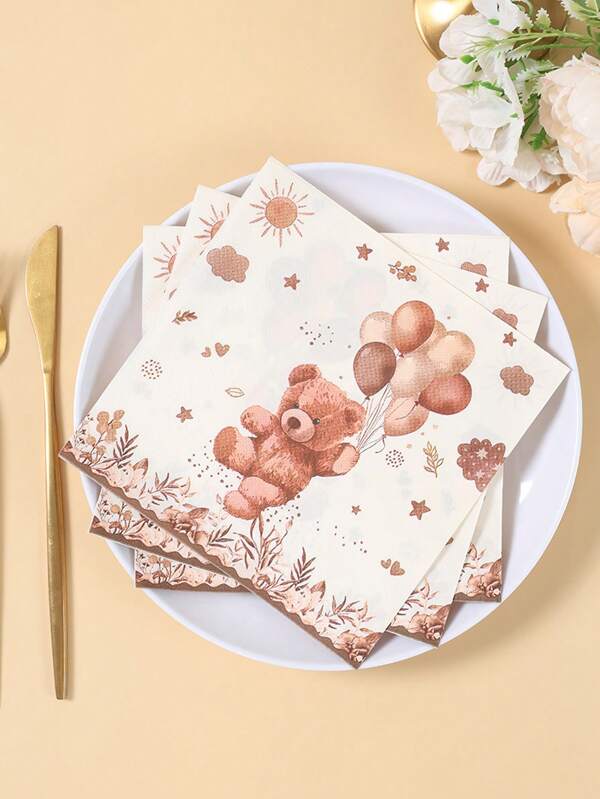 20 piezas Servilletas de papel desechables con tema de oso marrón para baby shower, patrón de globo de oso marrón lindo para decoración de mesa de fiesta de revelación de género, suministros de decoración para fiesta de baby shower, servilletas decorativas desechables con patrón de oso marrón para fiesta de 1er cumpleaños, servilletas de decoración de centro de mesa de fiesta, decoración de baby shower, regalo de baby shower, decoración de revelación de género