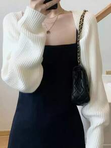 1件针织纯色带袖披肩，时尚多功能围巾，防晒披肩，空调房保暖围脖，吊带连衣裙外套，保暖防风，短款夹克上衣，适合瑜伽练习 - 黑色 - 查看 7