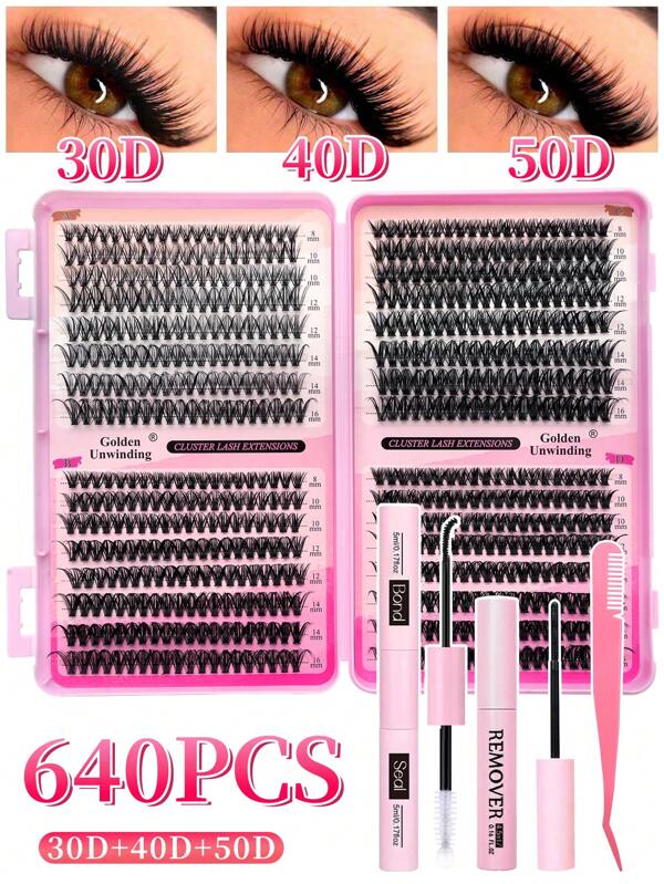 640-delige wimperextensionsset, DIY wimperextensionsset, individuele wimperclusters met D-krul, wimperclusters met wimperlijm, wimperverwijderaar en -verzegeling en wimperapplicatorborstel voor zelf aanbrengen thuis (30D-40D-50D)